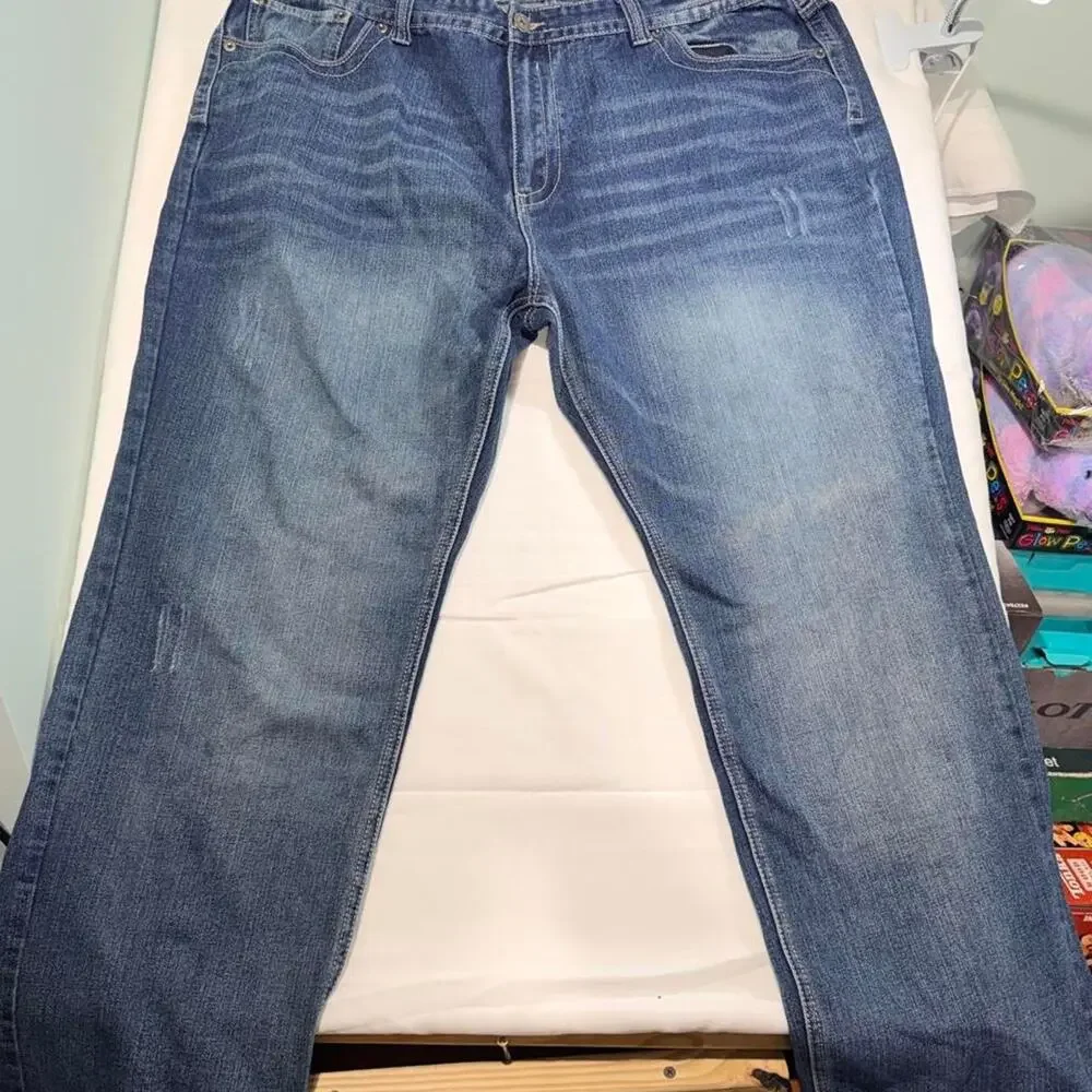 Royal Blue Jeans Mens 46x32 Eagle Embroidered Pockets Straight Fit Y2K Hip Hop